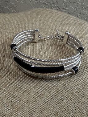 Fashion Jewelry Silver Cable Multi-Strand Bracelet with Black Accent
